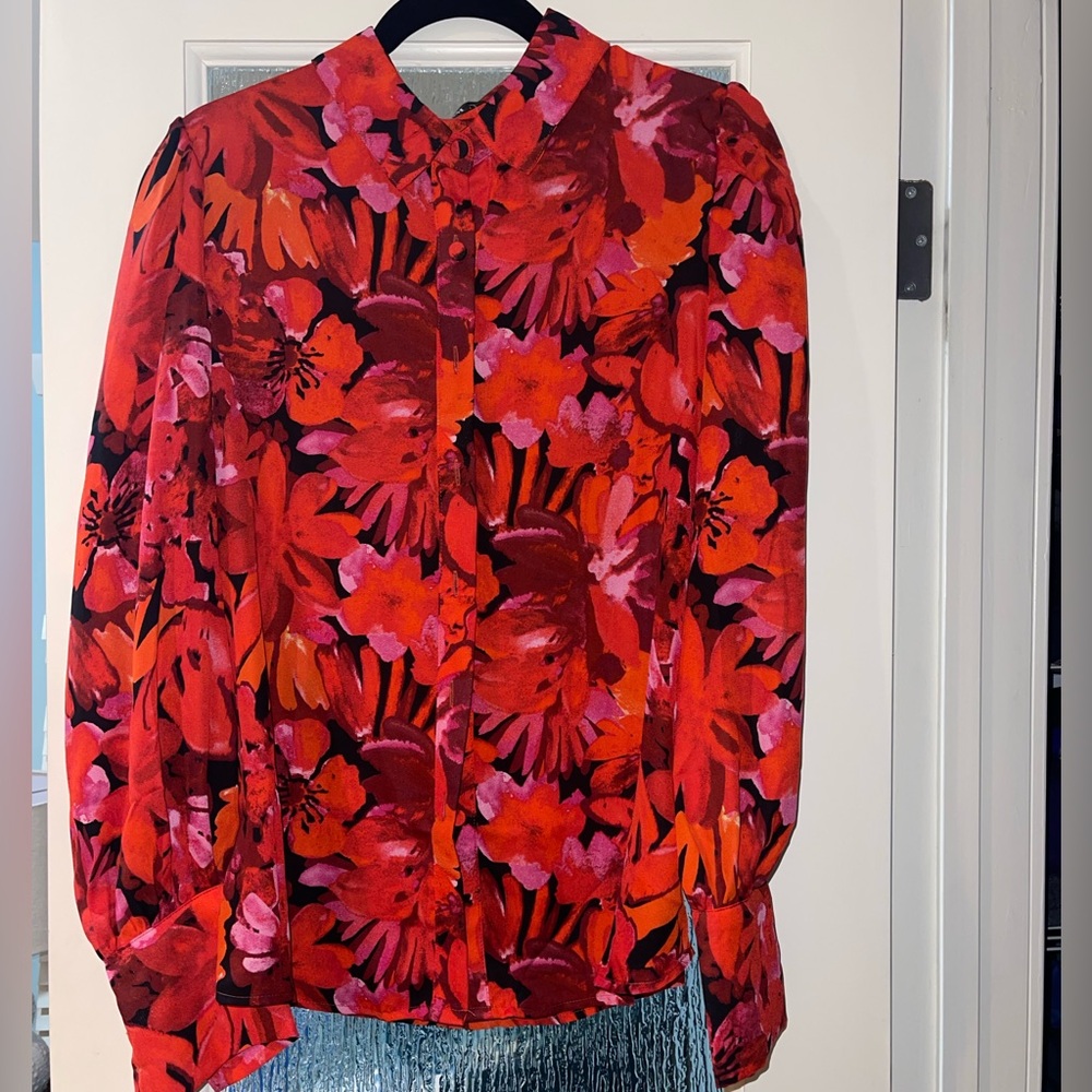 Long Sleeve Button Blouse Red, Pink and Black Pattern NWT